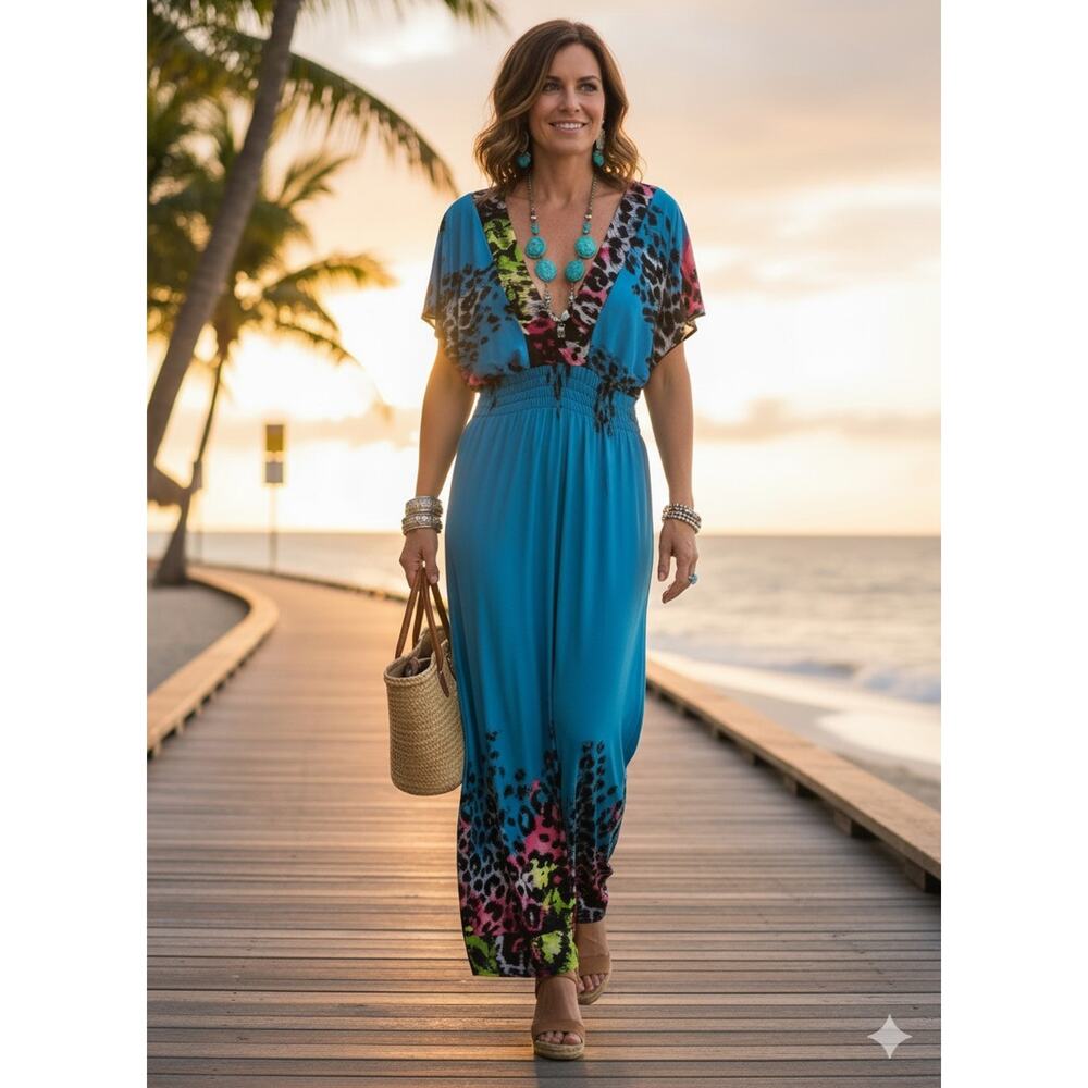 Julia Turquoise Maxi Deep V Neck Silk Blend Dress With Animal Print Size L